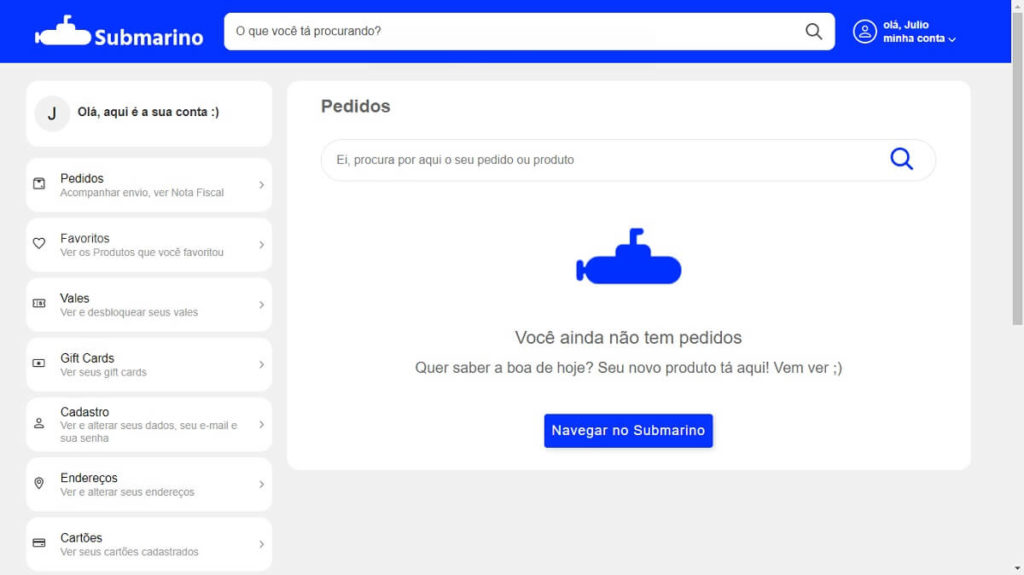 Imagem mostrando a aba de pedidos no site do Submarino