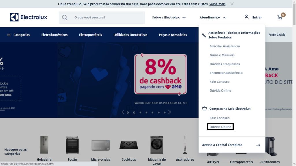 Botão de dúvida online no site oficial da Electrolux