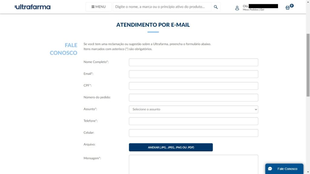 Formulário para atendimento via E-mail