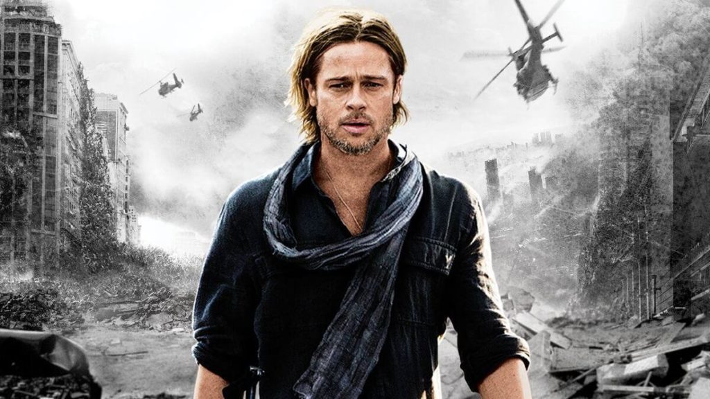 Capa do filme Guerra Mundial Z com o protagonista em um cenário destruído e um helicóptero ao fundo  