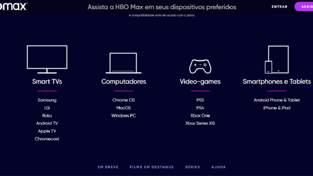 Print site HBO parte de plataformas com um fundo azul escuro e a silhueta de um videogame, tablet, celular, tablet e televisão