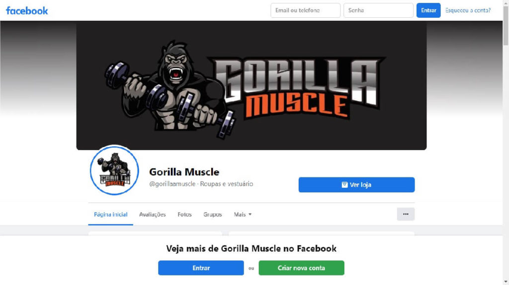 Print da página do Facebook da Gorilla Muscle com a logo de um gorilla segurando peso