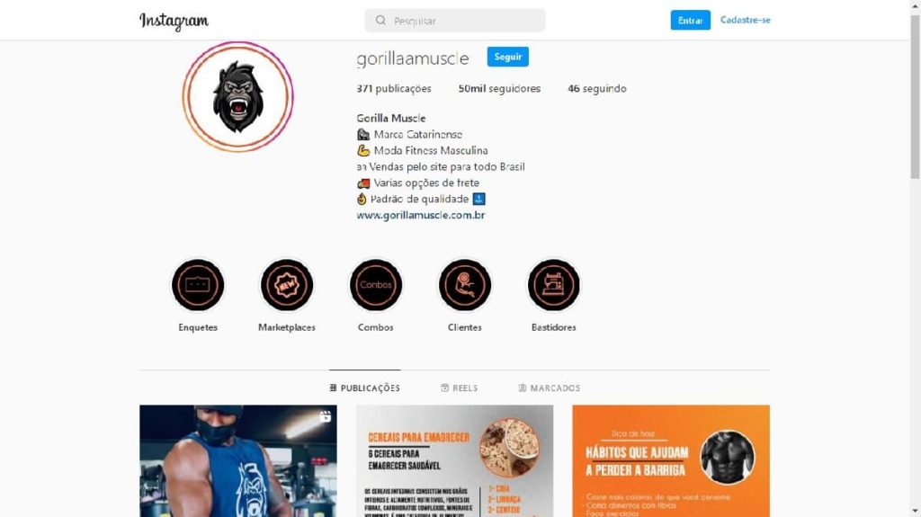 Print da página inicial do Instagram da Gorilla Muscle com dicas de alimentação