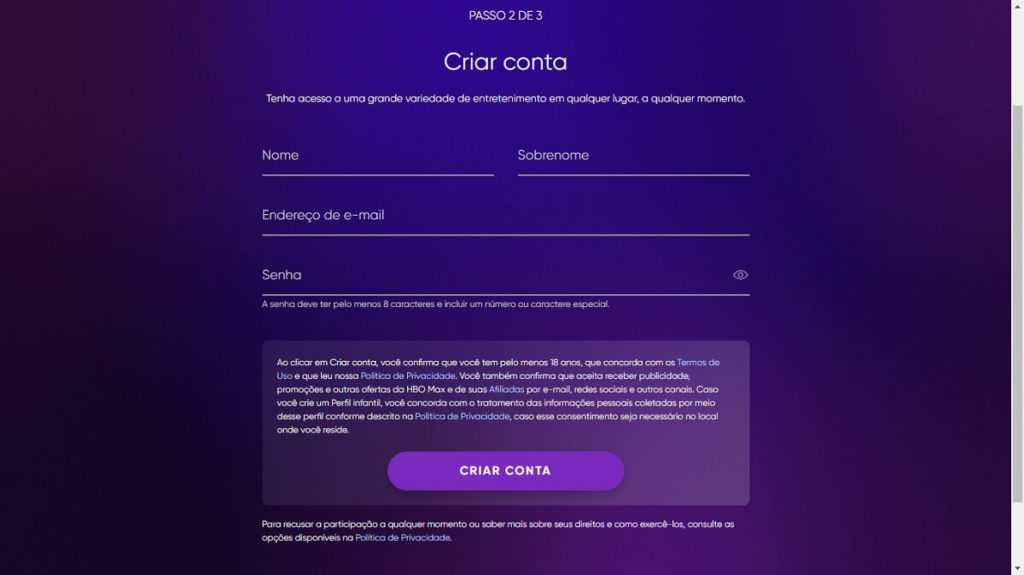Página de criação de conta no site da HBO Max com um fundo azul e campos de dados pessoais