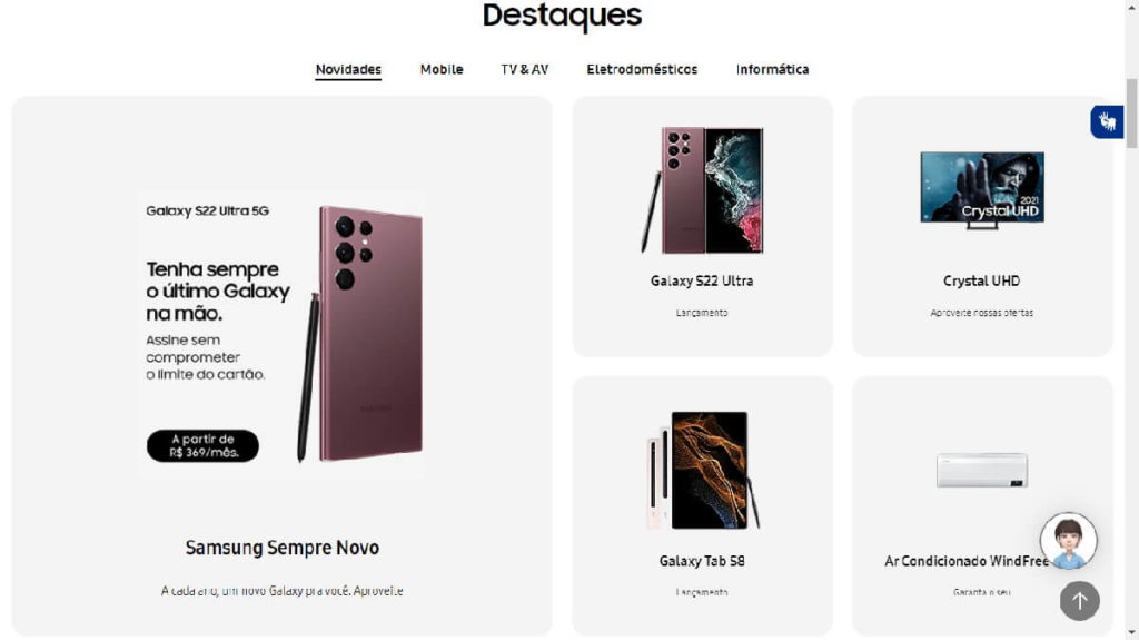 Print da pagina de destaques do site da Samsung com dois celulares, um tablet, uma TV e um ar-condicionado 