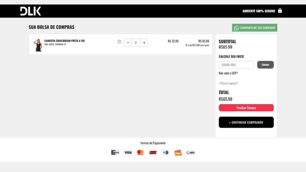 Print do site da DLK modas página de cesta com o produto na cesta com a opção de finalizar compra