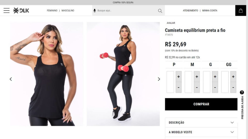 Print do site da DLK modas na página de compra com uma mullher vestindo uma camiseta regata preta e uma legging preta