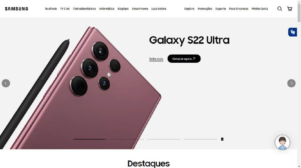 Print da página inicial do site da Samsung com um celular rosa e uma caneta preta