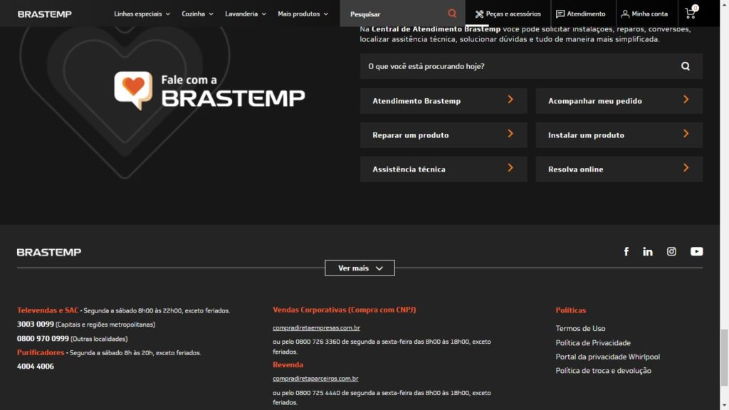 Pagina oficial da Brastemp com os telefones de contato