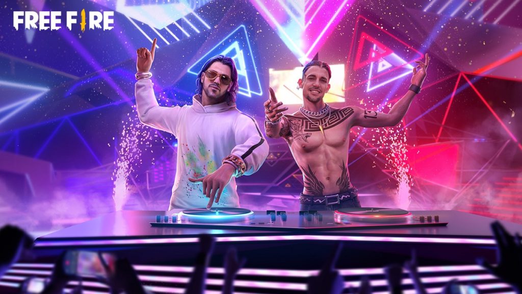 Imagem de dois DJ tocando em uma festa.