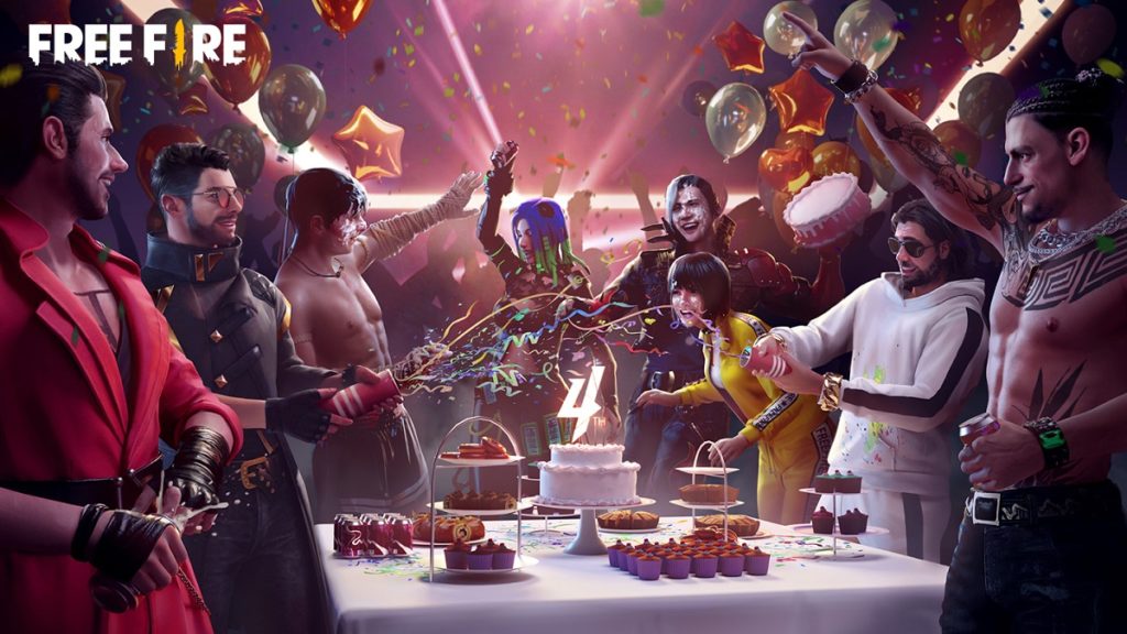 Imagens de vários personagens de Free Fire em uma festa