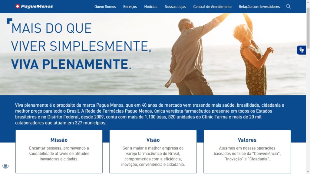 Página institucional site Farmácias Pague Menos