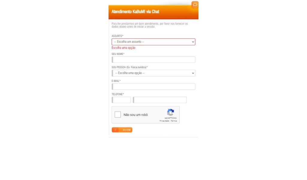Formulário do chat online site Kabum