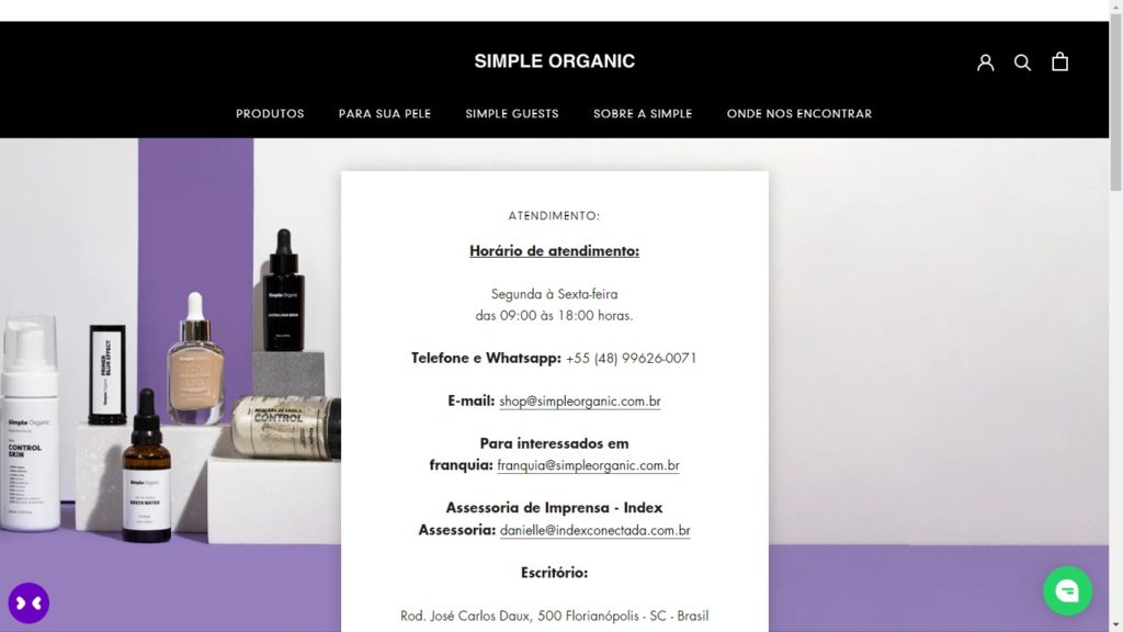 Pagina de atendimento Simple Organic