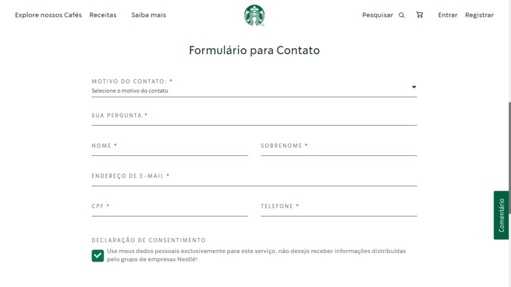 Formulário de atendimento Starbucks