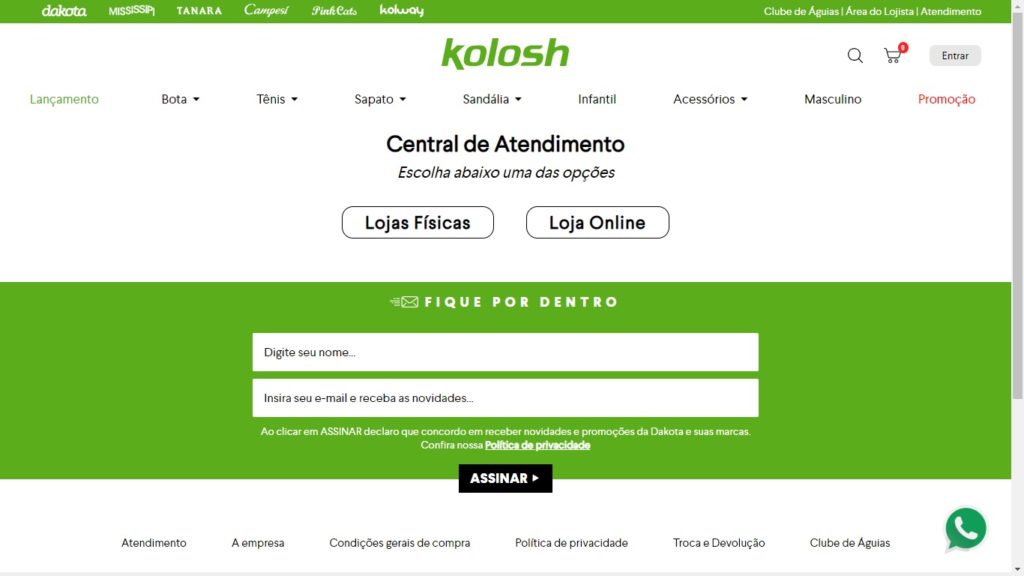 Página de atendimento Kolosh