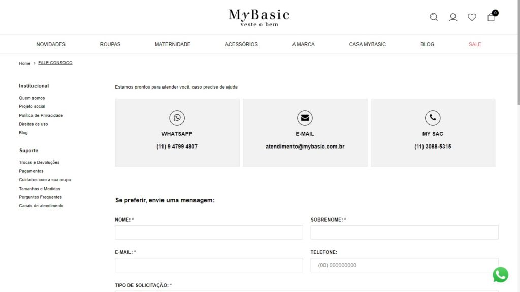 Página de atendimento MyBasic