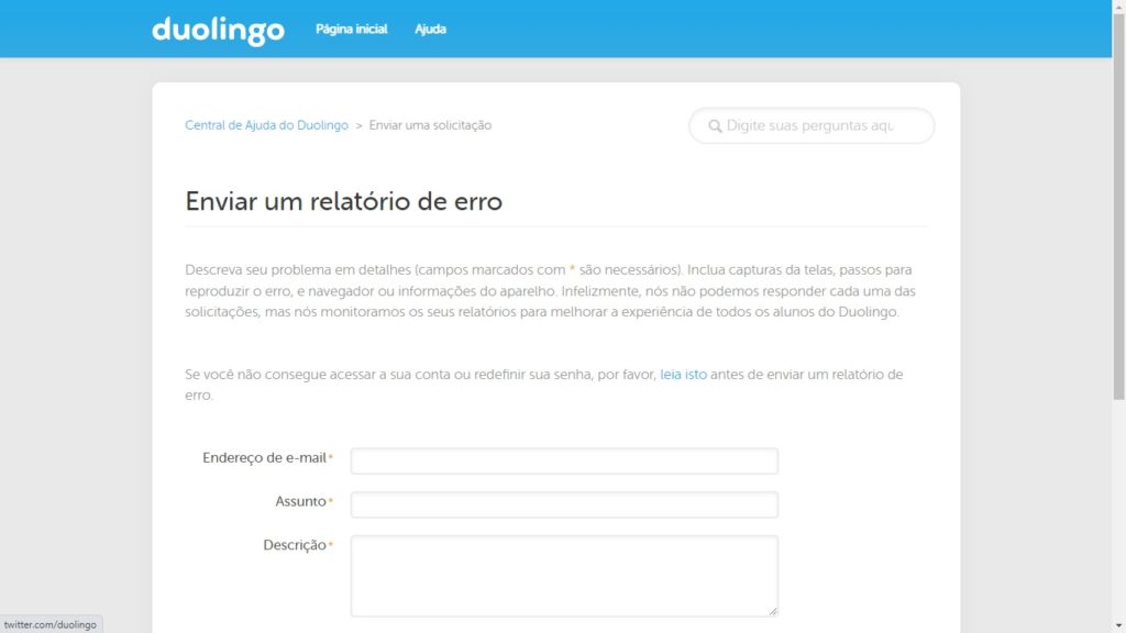 Formulário de atendimento Duolingo