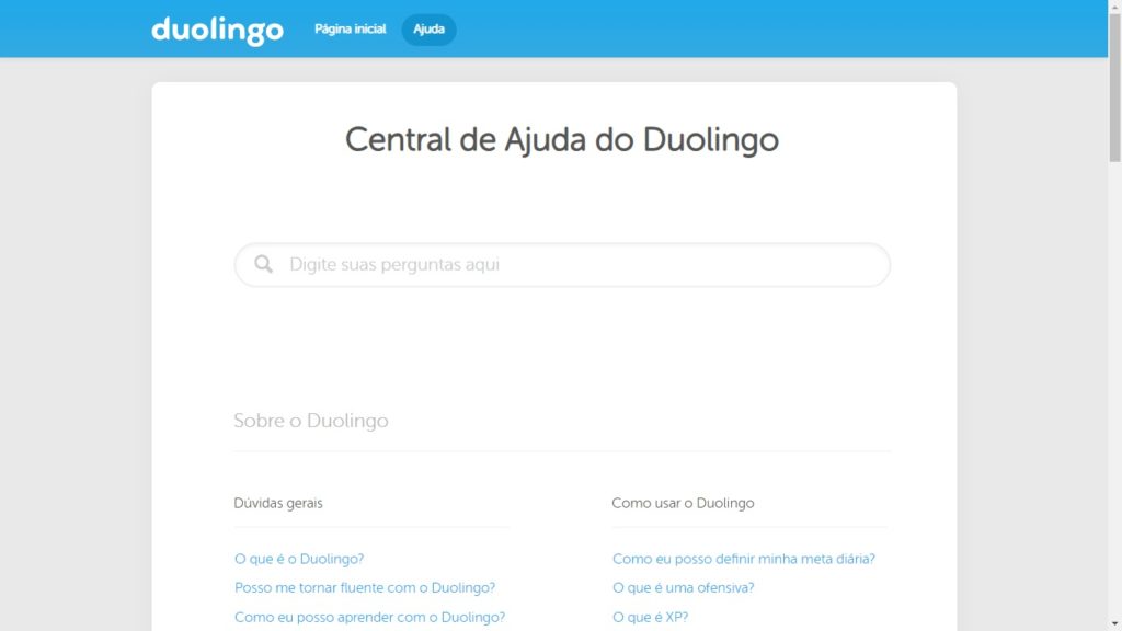 Página de atendimento Duolingo