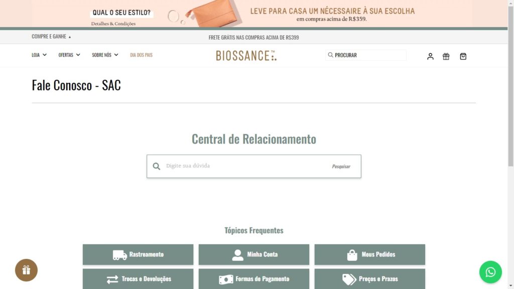 Página de atendimento Biossance