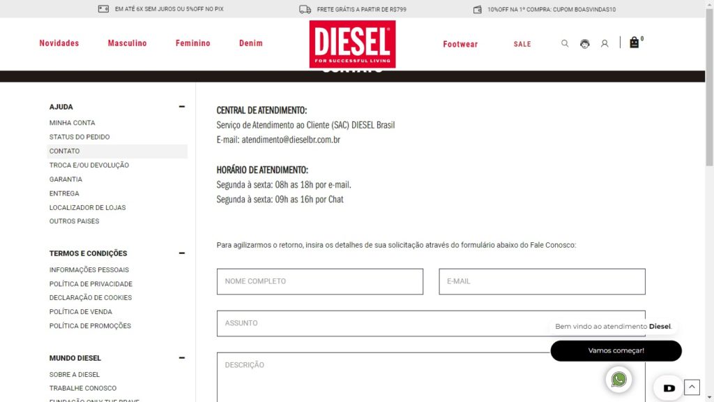 Página de atendimento Diesel