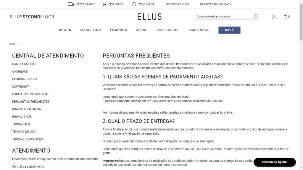 Página de atendimento Ellus