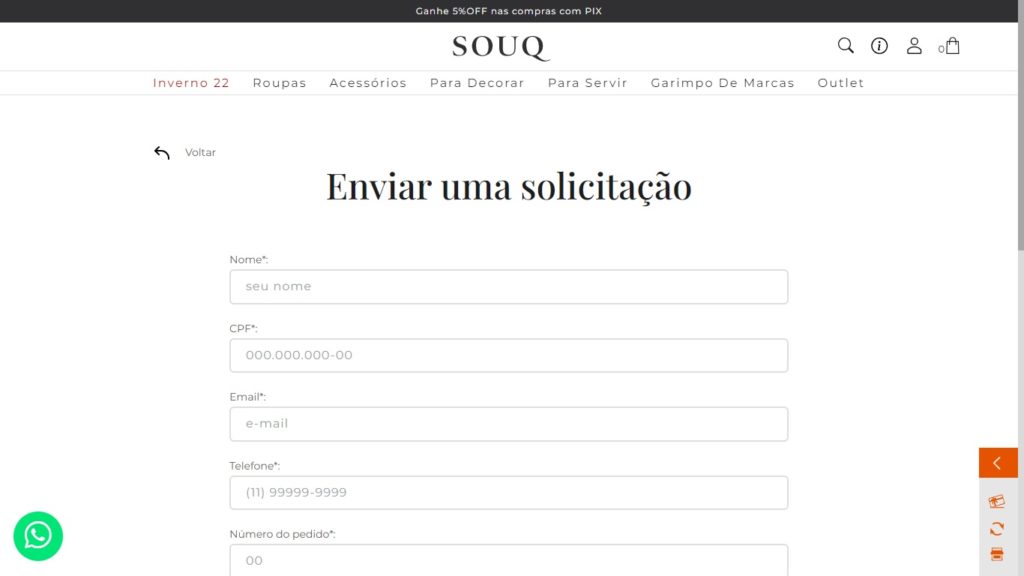 Página de atendimento Souq Store
