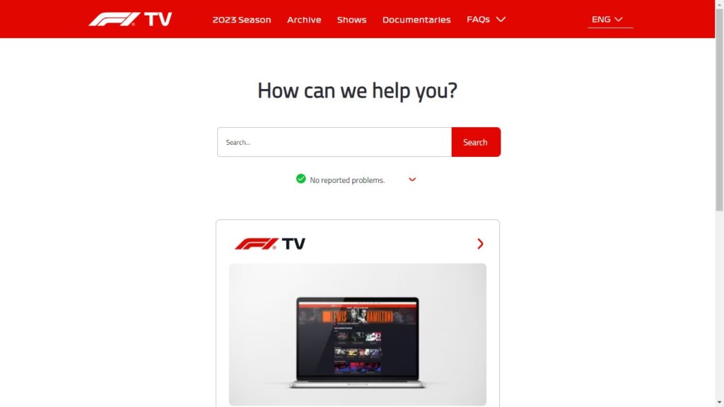 Página de atendimento Fórmula 1 TV