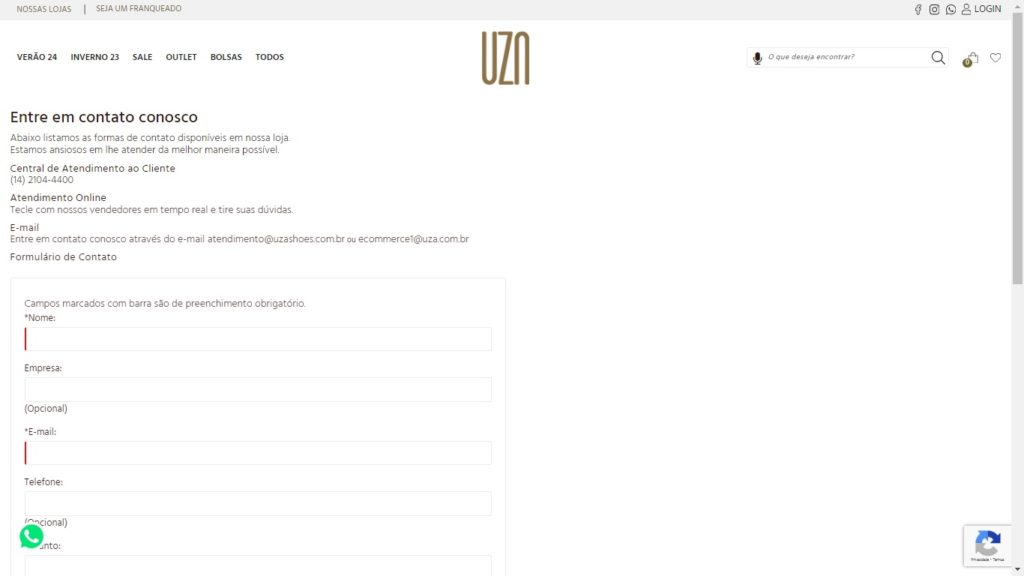 Página de atendimento UZA Shoes